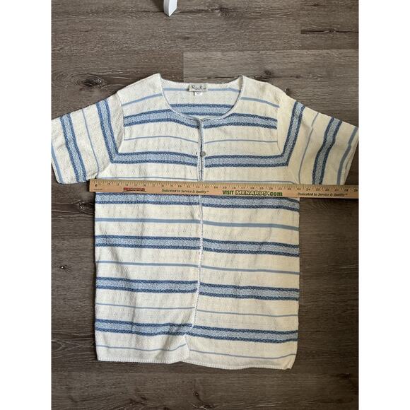 Reba Rose White Blue Stripe Long Line Short Sleeve Cardigan Coastal Grandma 22/2 - Picture 7 of 8